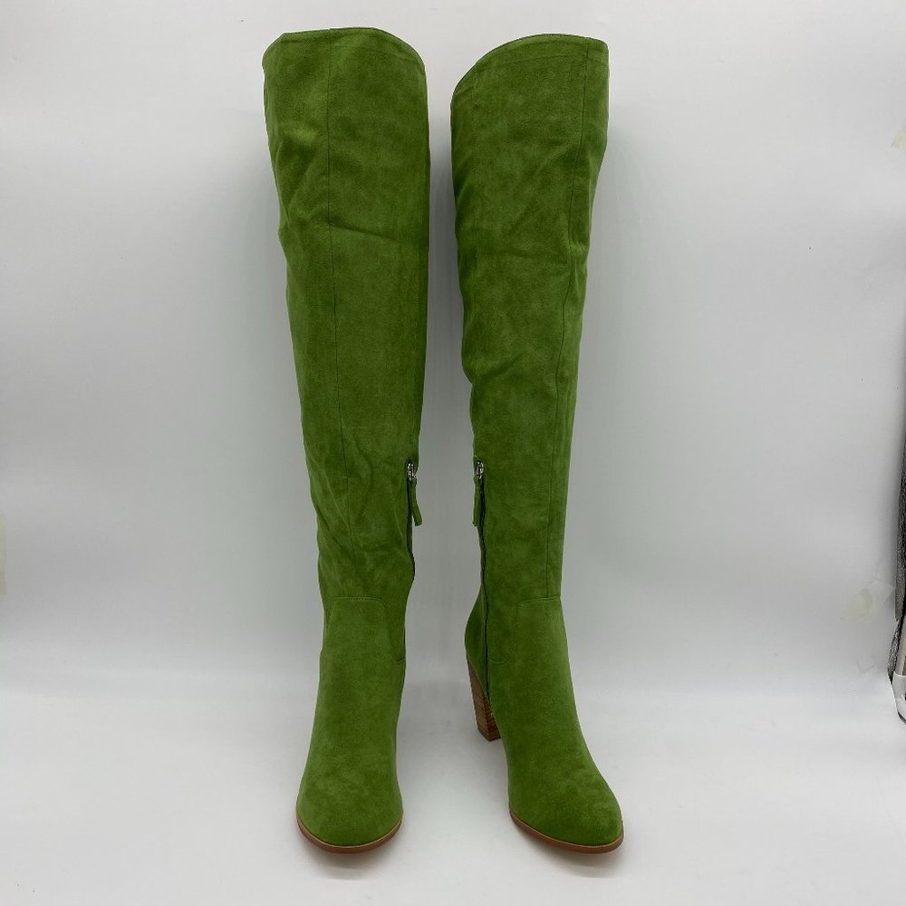 Green Suede Pointy Toe Long Boots Chunky Heel Pump